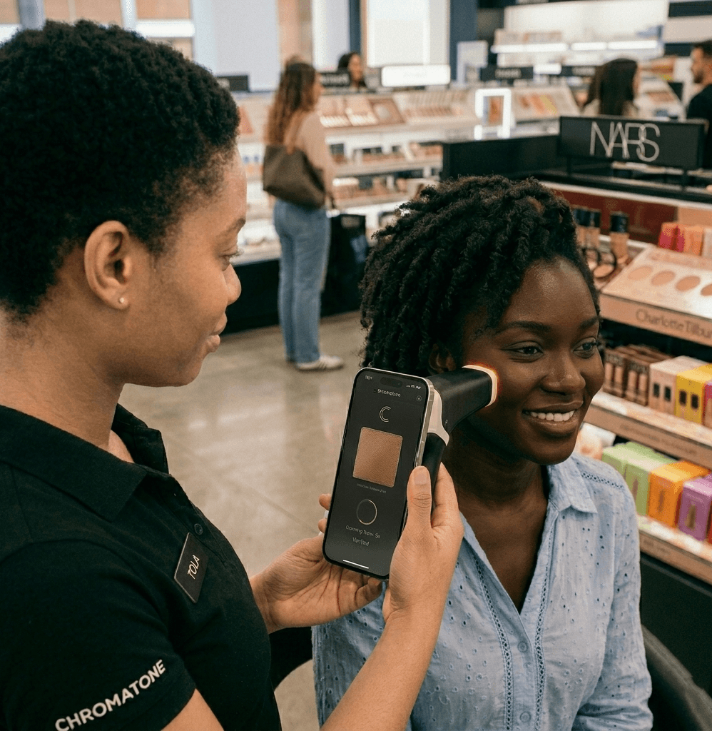 A Chromatone associate scanning a customer's cheek with a calibrated device in a beauty store